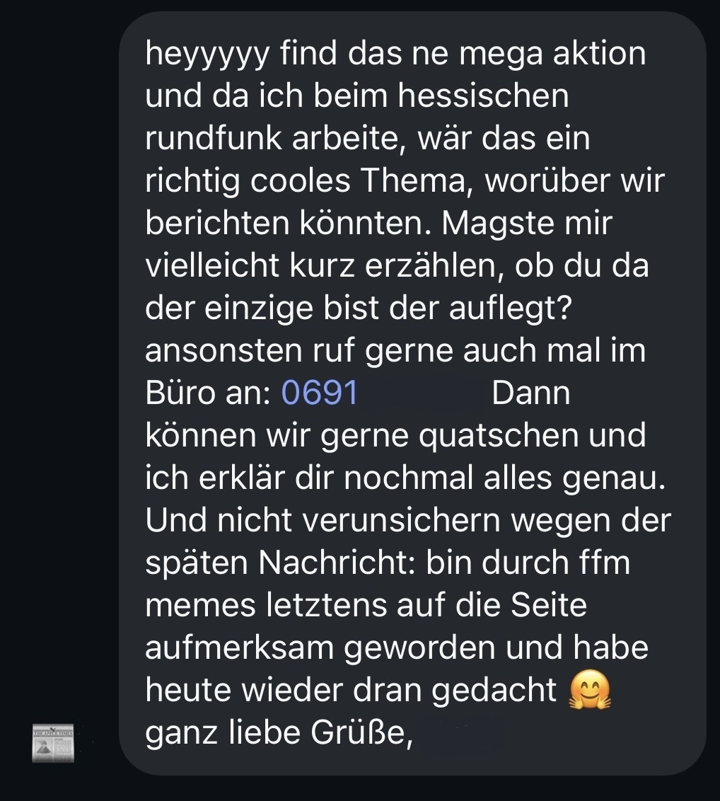 Loading image: example of a reporter at the 'hessischer rundfunk' sliding into our instagram dms.