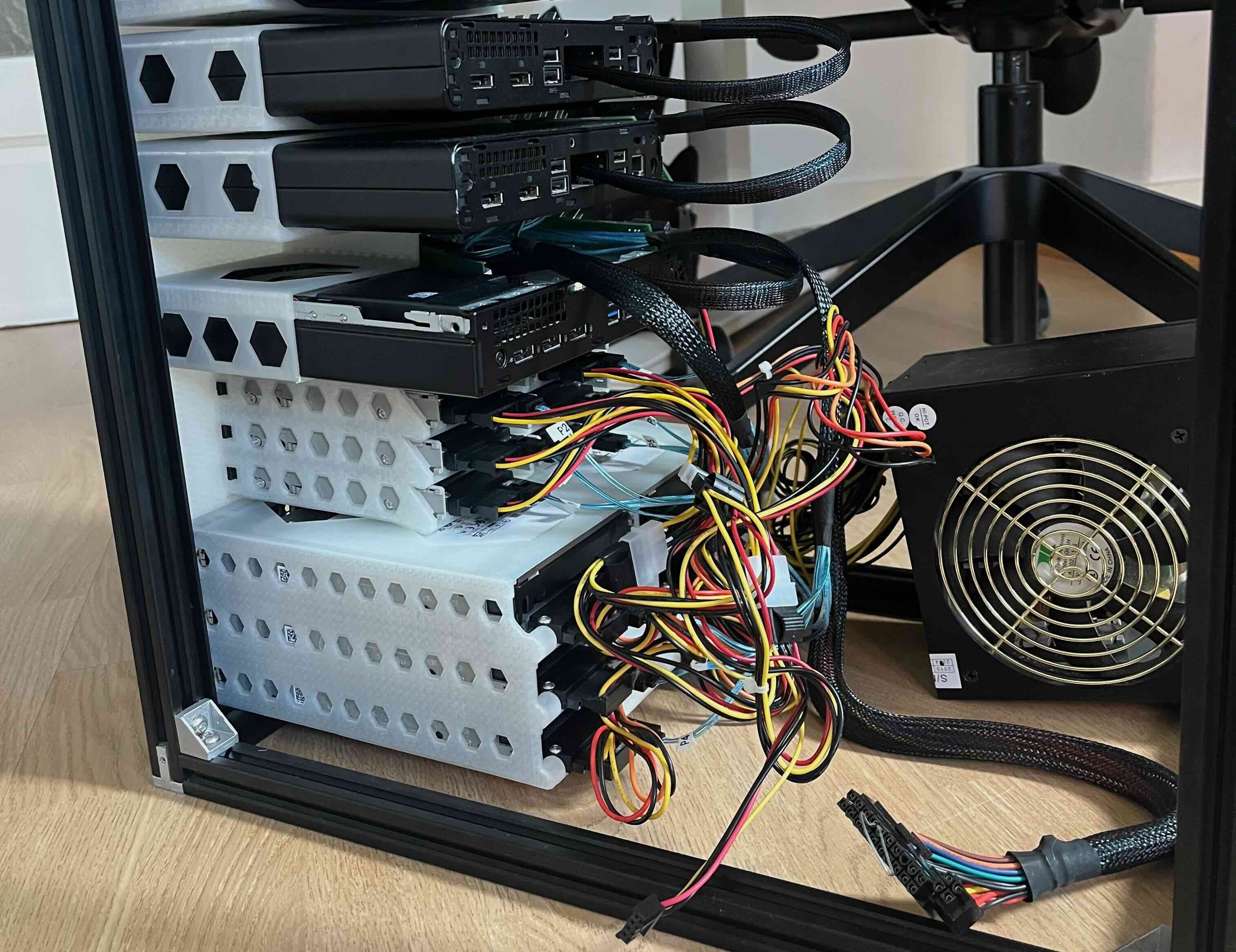 Loading image: backside cabling of the storage setup (before cable management).