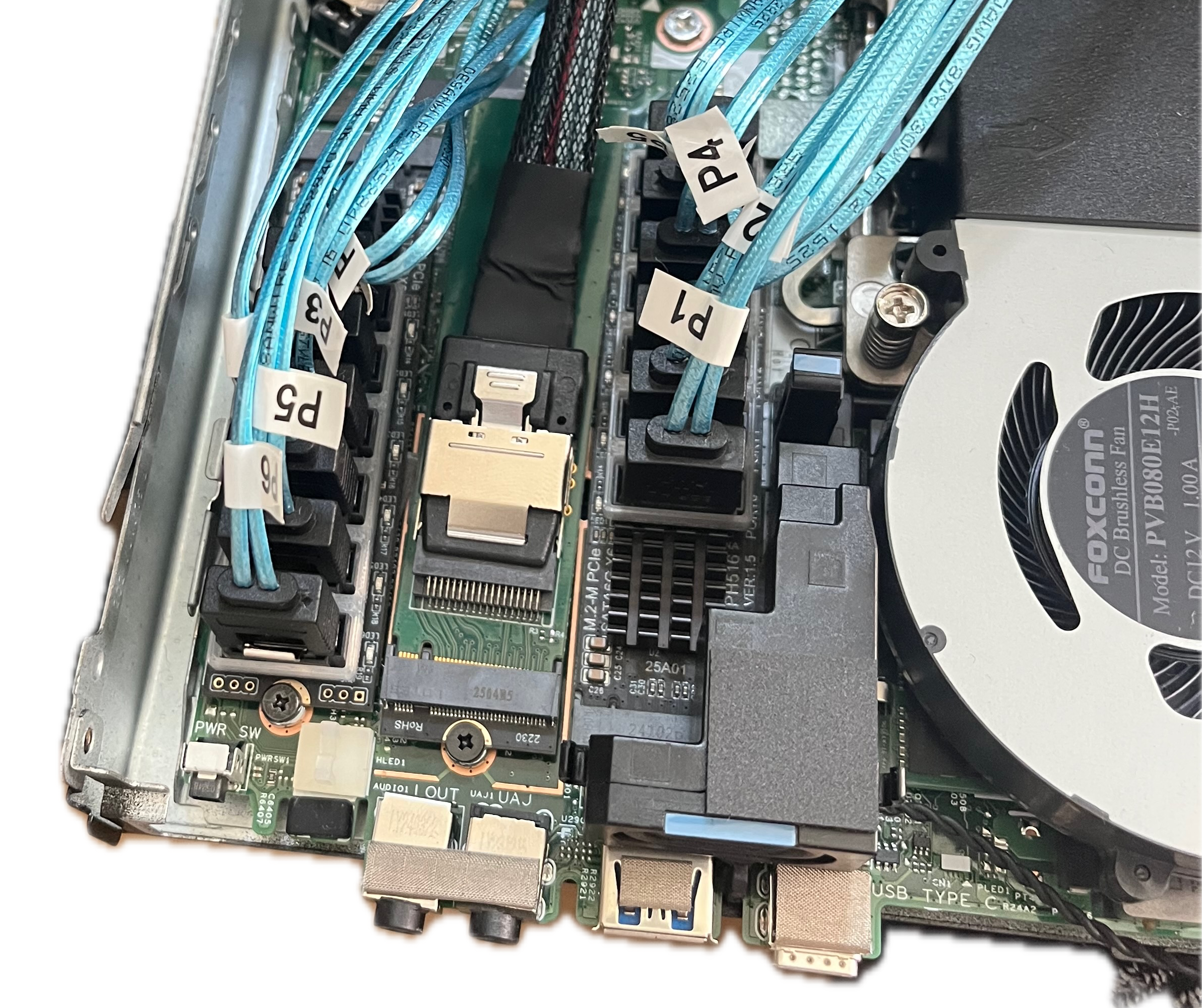 Loading image: 3 m.2 cards installed in my dell node. middle 180 deg adapted (from network card) to 10g nic m.2 adapter card. m.2 to 6x sata on the left and right.