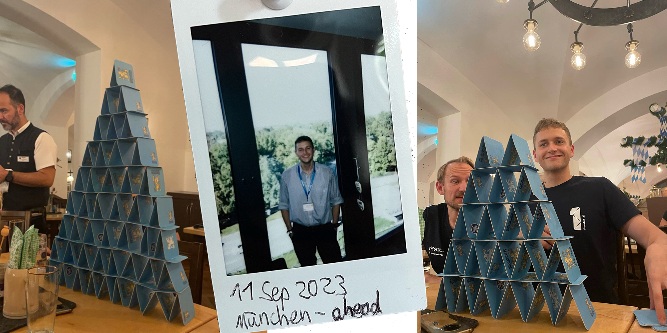 picture of me building a card tower in the beer garden and me at the accelerator office